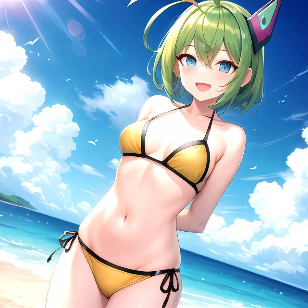 Roro Gunvolt 1girl Ahoge Arms Behind Back Bikini Blue Eyes Breasts Cowboy Shot Green Hair Groin Halterneck Headgear Light Partic, 3931484886 - AI Hentai - #main