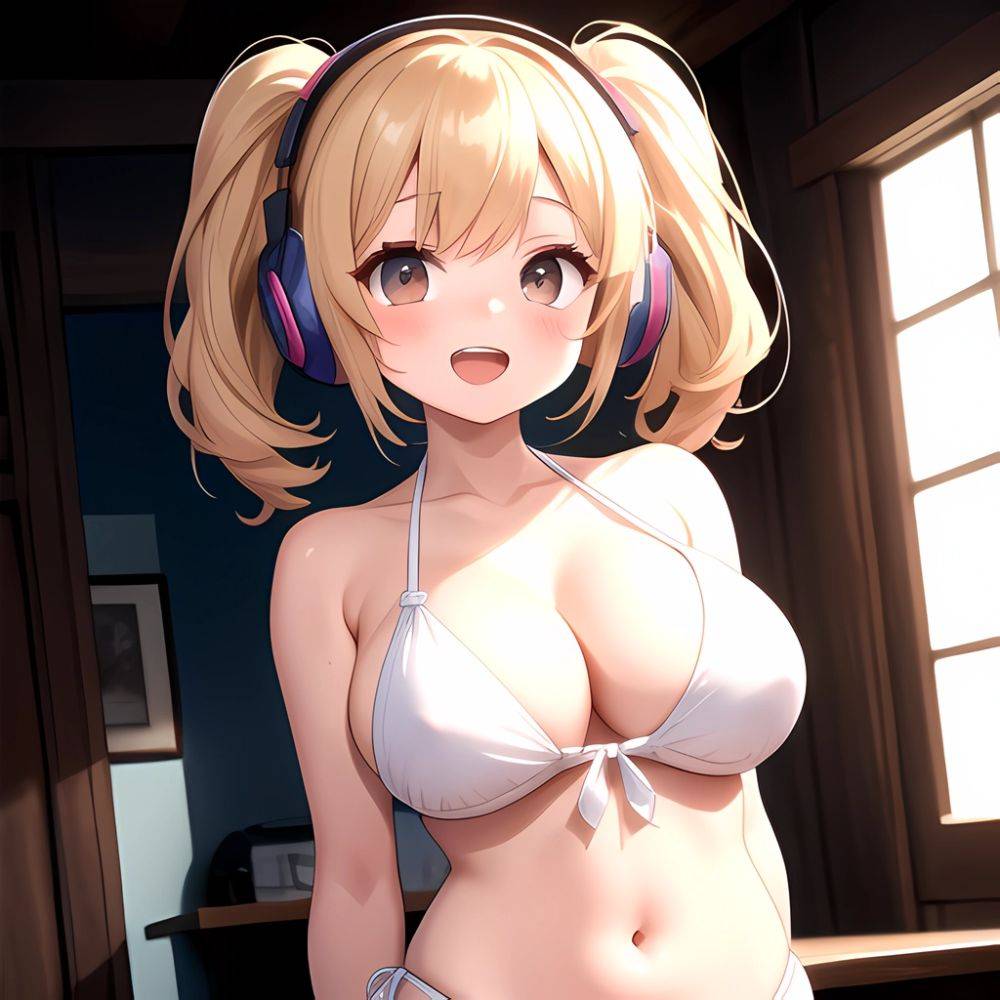 Super Pochaco 1girl Arms Behind Back Bare Shoulders Bikini Blonde Hair Blush Breasts Brown Eyes Cleavage Cowboy Shot Dark Skinne, 615015841 - AI Hentai - #main