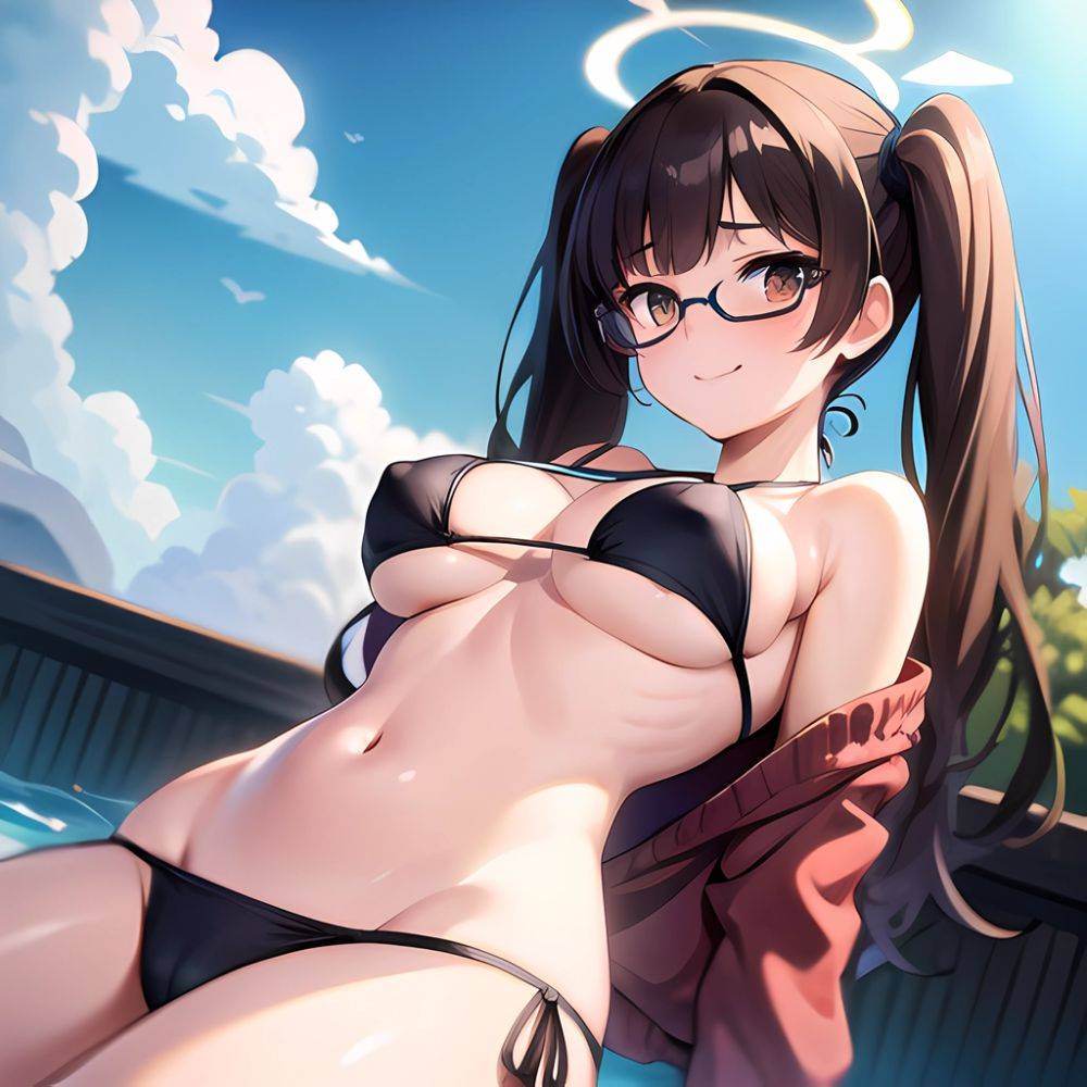 1girl Bikini Black Bikini Blue Archive Blue Sky Breasts Brown Eyes Brown Hair Closed Mouth Clothes Lift Cloud Covered Nipples, 1037745029 - AI Hentai - #main