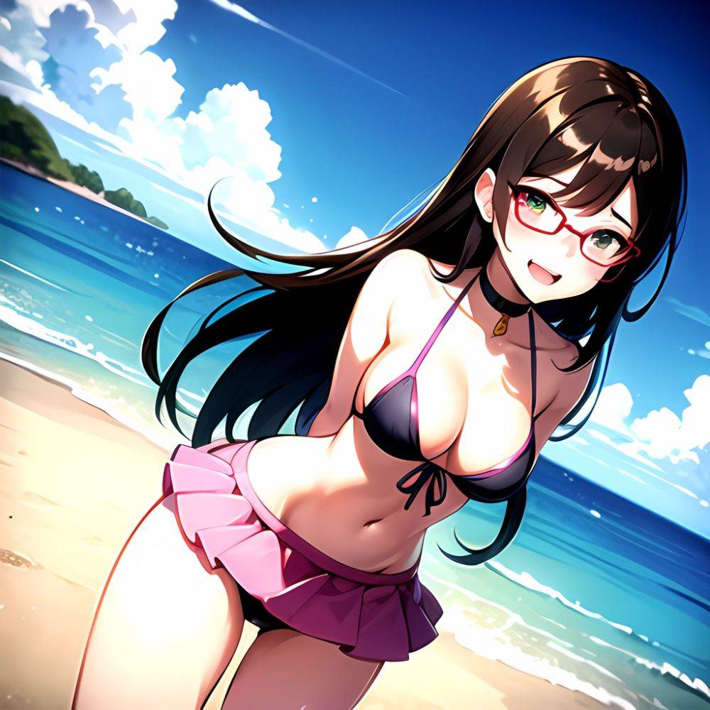 1girl D Bikini Bikini Bottom Aside Bikini Skirt Black Choker Blush Breasts Brown Hair Choker Cleavage Clothing Aside Front Tie, 352193838 - AI Hentai - #main