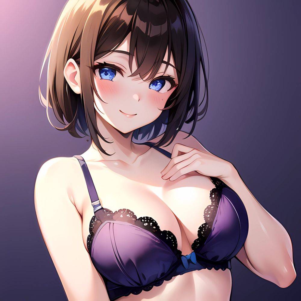 1girl Ai Generated Blue Eyes Blush Breasts Brown Hair Highres Large Breasts Light Smile Looking At Viewer Purple Background Shor, 3061069465 - AI Hentai - #main