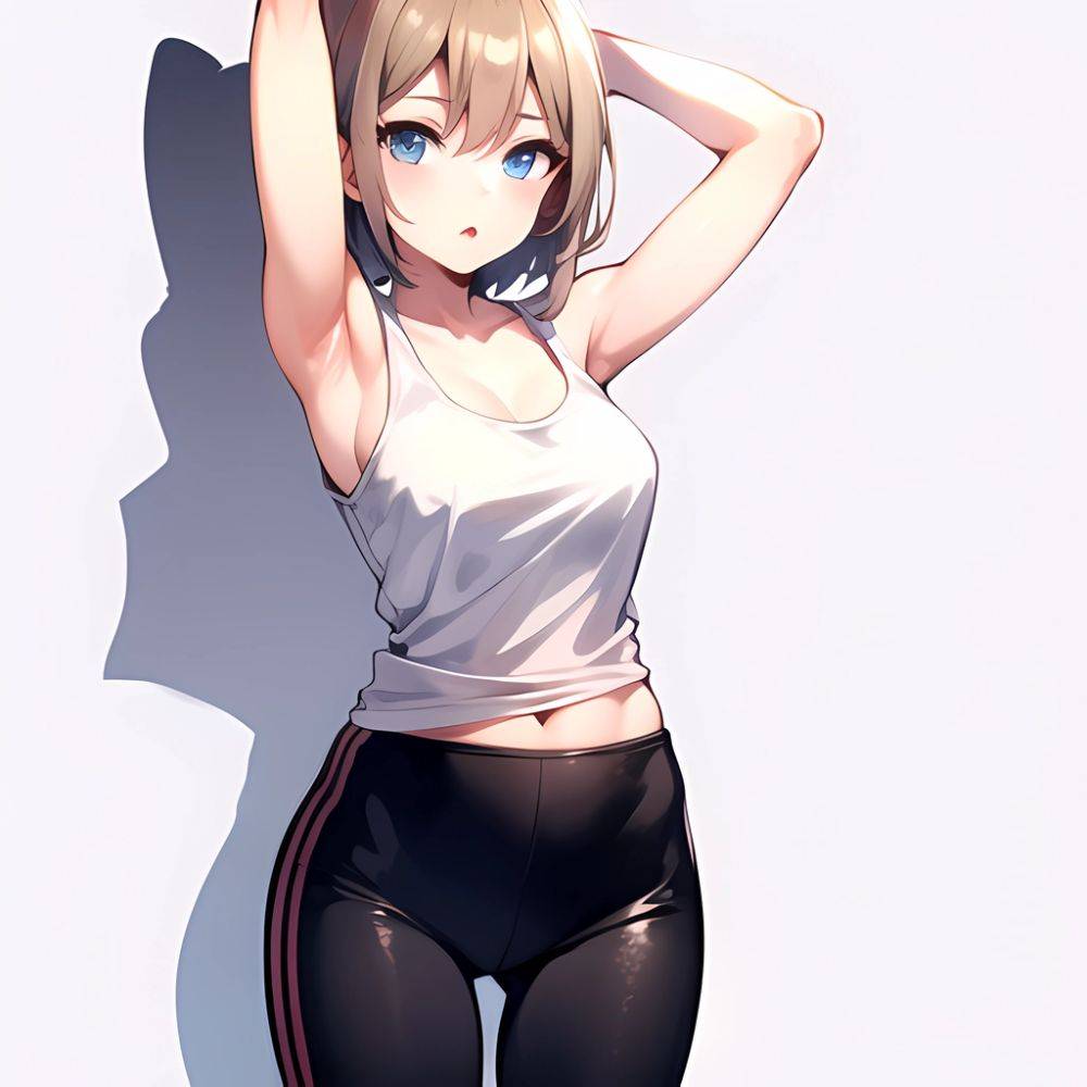 1girl Solo Tank Top Leggings Blue Eyes Standing Fully Clothed Pov Simple Background Arms Behind Head, 3412428556 - AI Hentai - #main