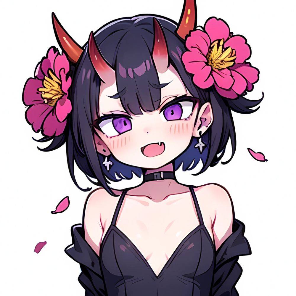 Shuten Douji Fate 1girl Blush Bob Cut Breasts Collarbone Earrings Fang Flower Hair Flower Hair Ornament Horns Jewelry Looking At, 2606203758 - AI Hentai - #main