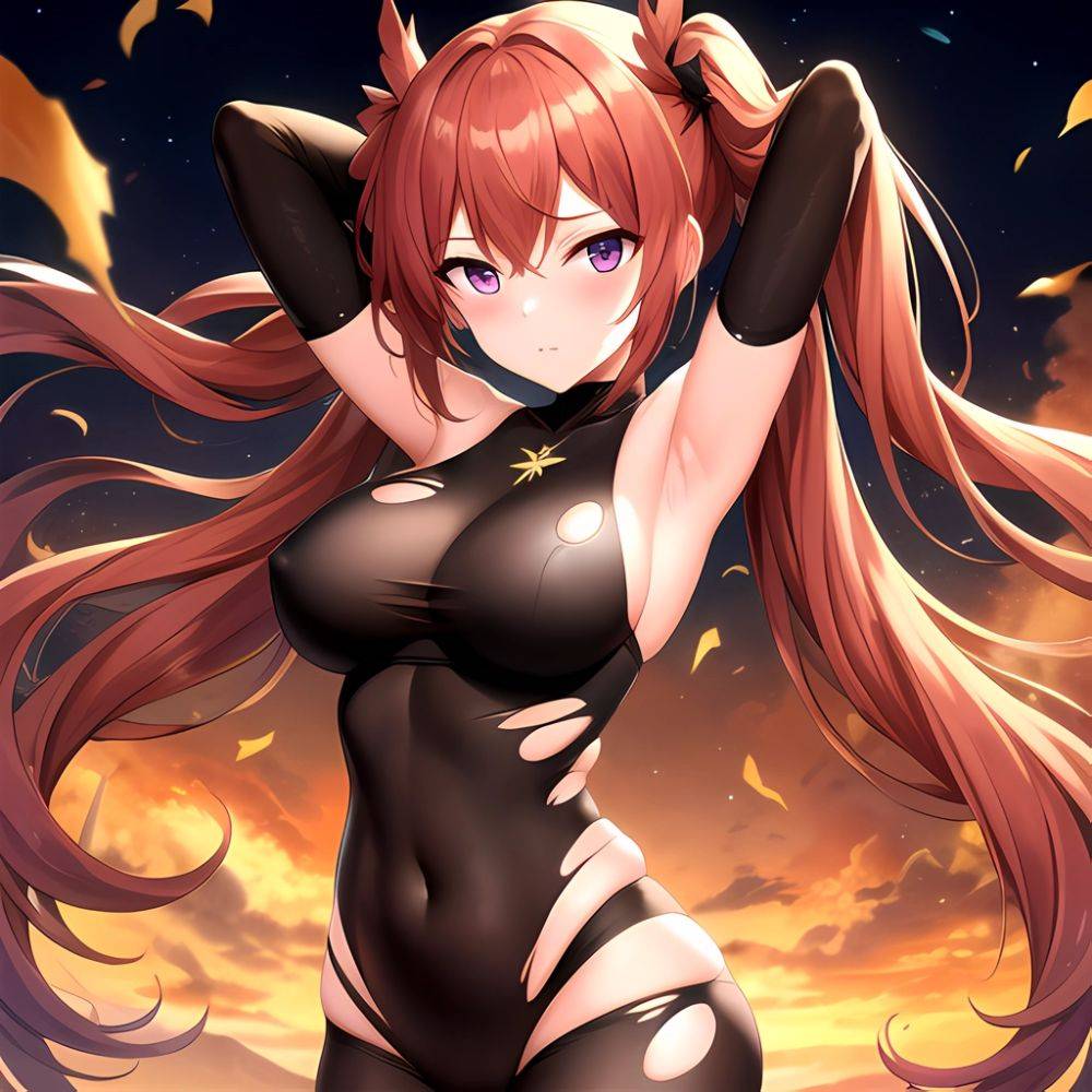 Roana Epic Seven 1girl Areola Slip Arm Garter Armpits Arms Behind Head Black Bodysuit Blush Bodysuit Breasts Brown Hair Covered, 350354667 - AI Hentai - #main