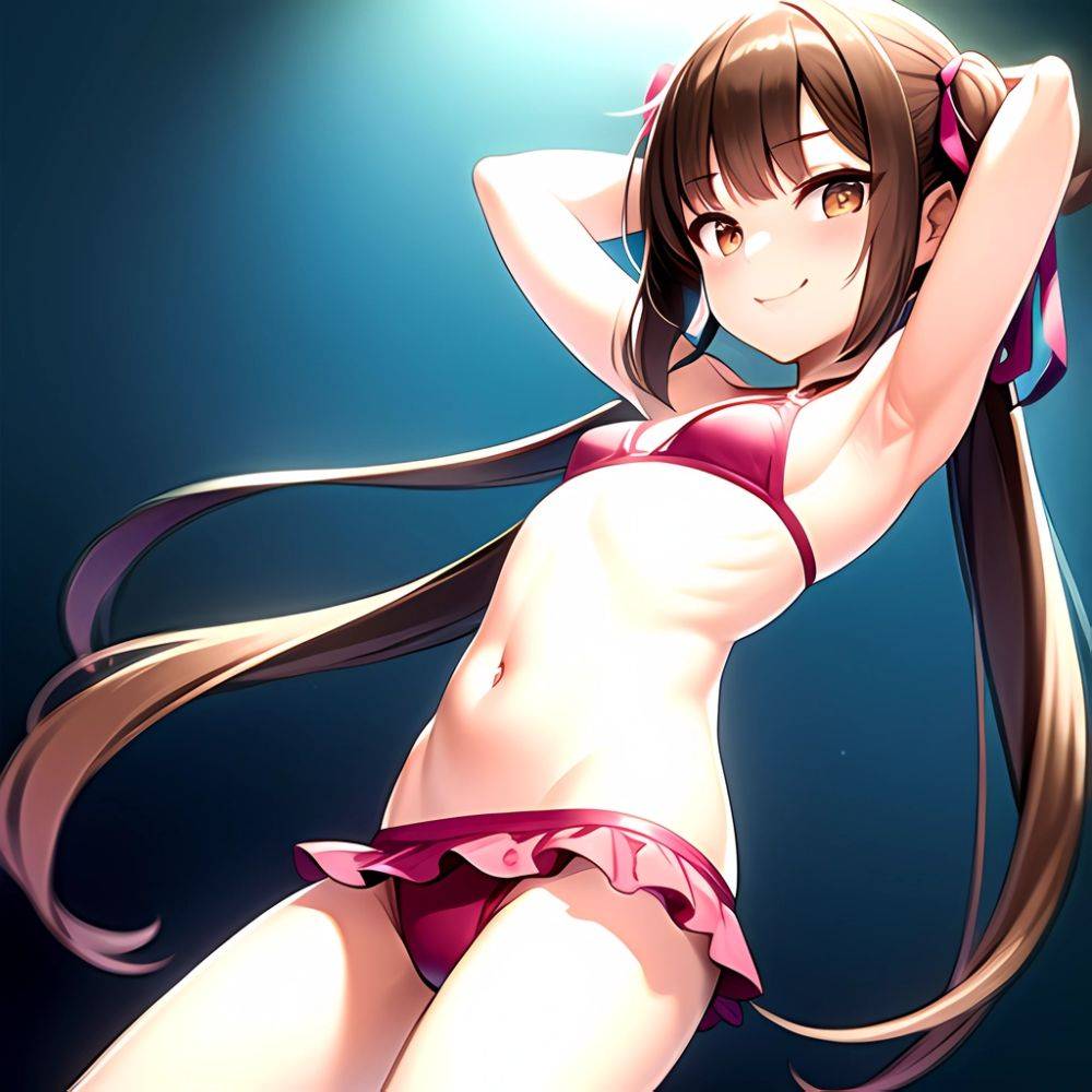 1girl Armpits Arms Behind Head Bikini Brown Eyes Brown Hair Cowboy Shot Dot Nose Flat Chest From Side Hair Ornament, 3243073701 - AI Hentai - #main