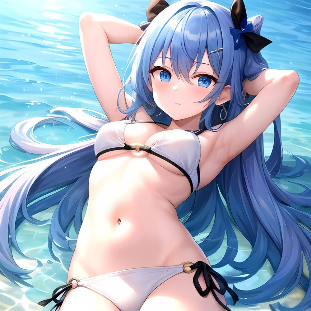 1girl Absurdres Arms Behind Head Bikini Blue Eyes Blue Hair Breasts Closed Mouth Hair Between Eyes Highres Hololive Hoshimachi S, 3677233639 - AI Hentai - #main
