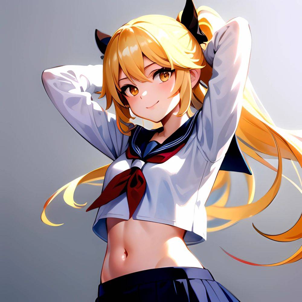 1girl Arms Up Arms Behind Head Blonde Hair Blue Skirt Bow Crop Top Crop Top Overhang Genshin Impact Gradient Background, 737170124 - AI Hentai - #main