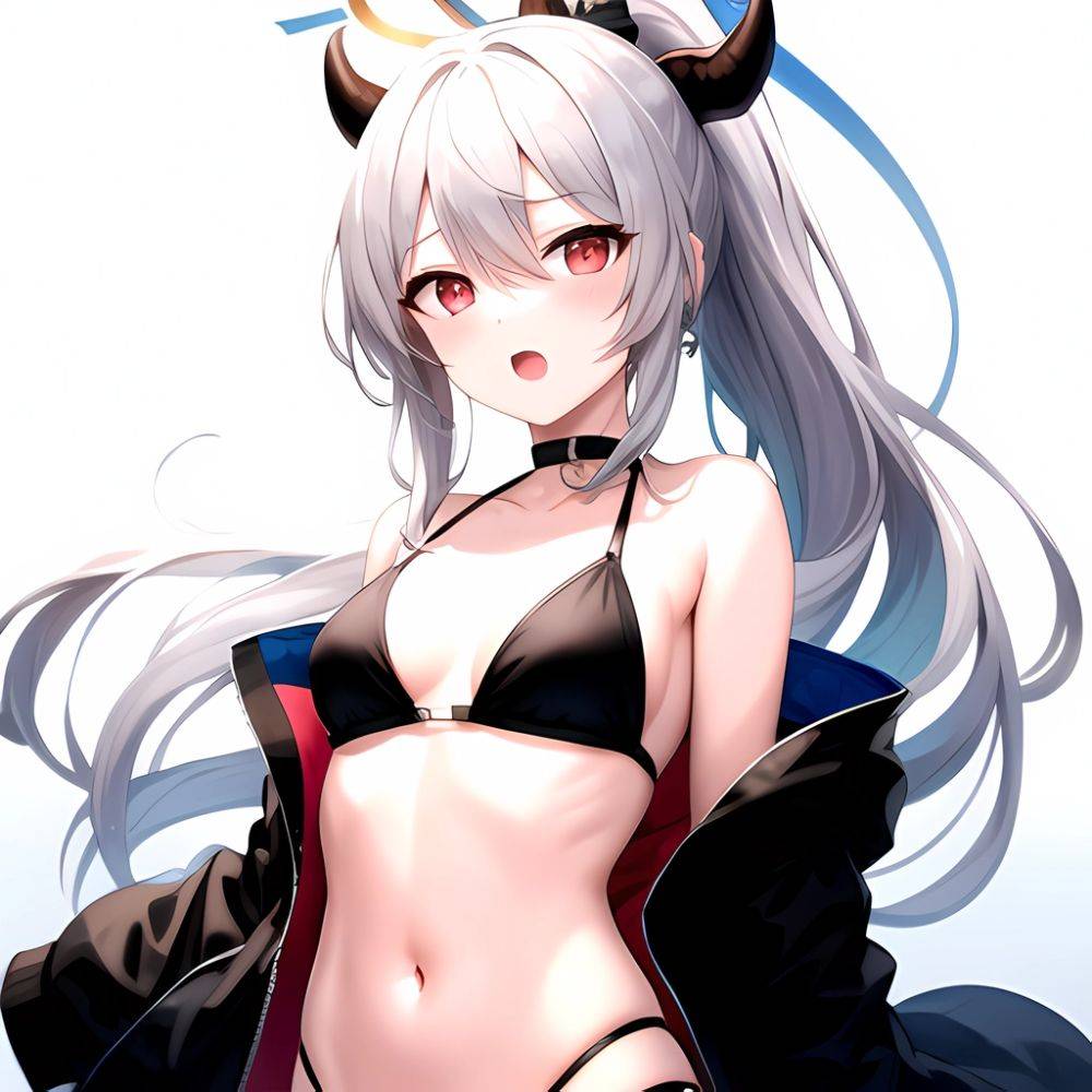 Kayoko Blue Archive 1girl Alternate Costume Bare Shoulders Bikini Black Bikini Black Choker Black Hair Black Horns Black Jacket, 3392296403 - AI Hentai - #main