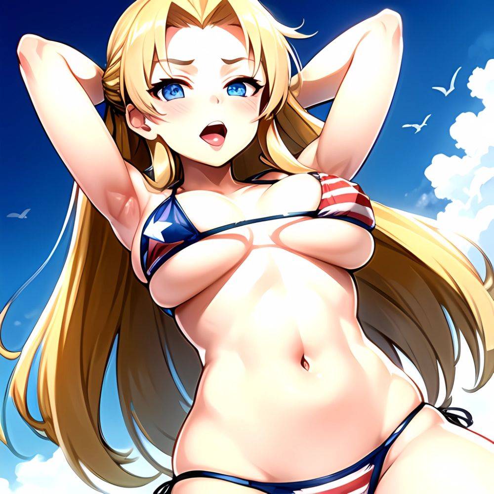 1girl American Flag Bikini Armpits Arms Behind Head Bikini Blonde Hair Blue Eyes Blush Breasts Covered Erect Nipples Flag Print, 3844148965 - AI Hentai - #main