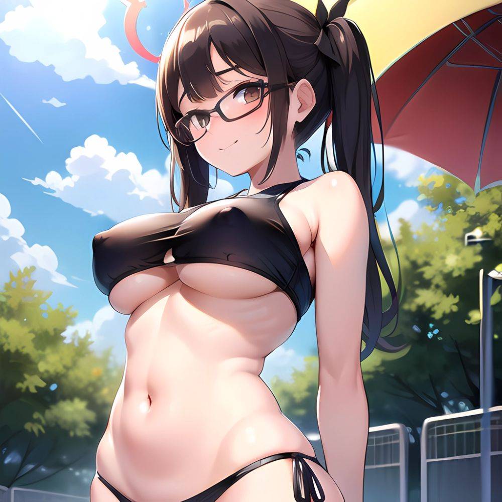 1girl Bikini Black Bikini Blue Archive Blue Sky Breasts Brown Eyes Brown Hair Closed Mouth Clothes Lift Cloud Covered Nipples, 992118302 - AI Hentai - #main
