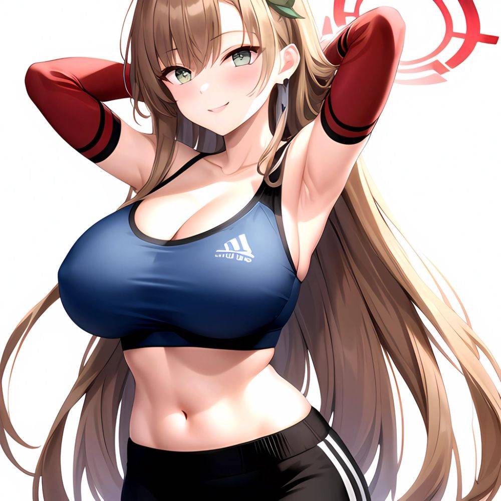 1girl Absurdres Armpits Arms Behind Head Asuna Blue Archive Black Pants Blue Archive Blush Breasts Cleavage Halo Highres Huge Br, 2252994793 - AI Hentai - #main