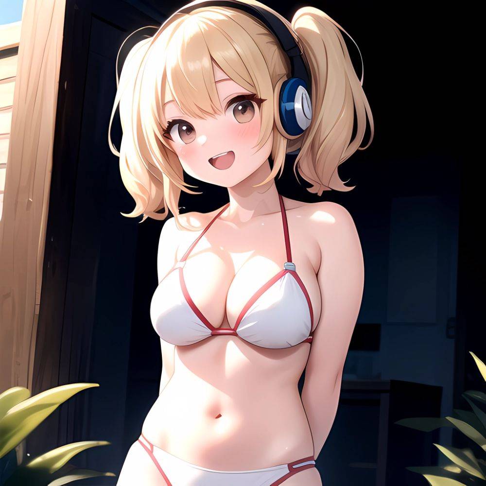 Super Pochaco 1girl Arms Behind Back Bare Shoulders Bikini Blonde Hair Blush Breasts Brown Eyes Cleavage Cowboy Shot Dark Skinne, 3350066768 - AI Hentai - #main