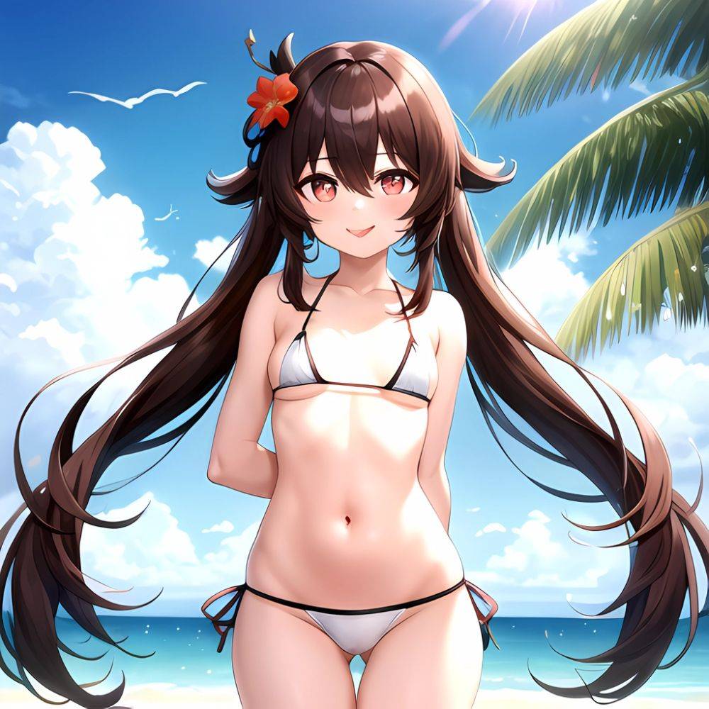 1girl Q Absurdres Arms Behind Back Bikini Blush Breasts Brown Hair Cameltoe Cleft Of Venus Covered Nipples Cowboy Shot Flower, 1202943869 - AI Hentai - #main