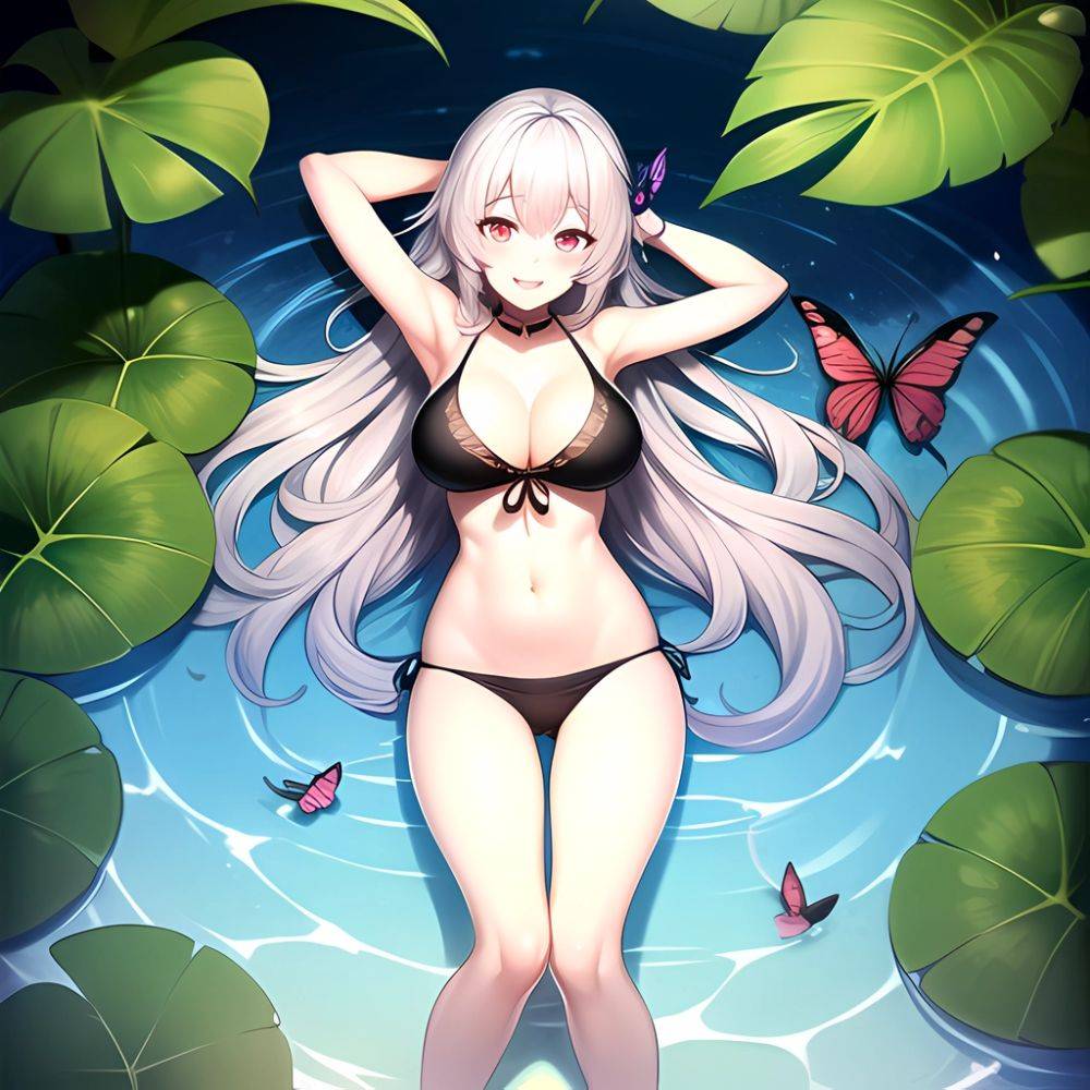 1girl D Bare Arms Bare Shoulders Bikini Black Bikini Breasts Bug Butterfly Butterfly Hair Ornament Choker Cleavage Feet Out Of, 707674360 - AI Hentai - #main