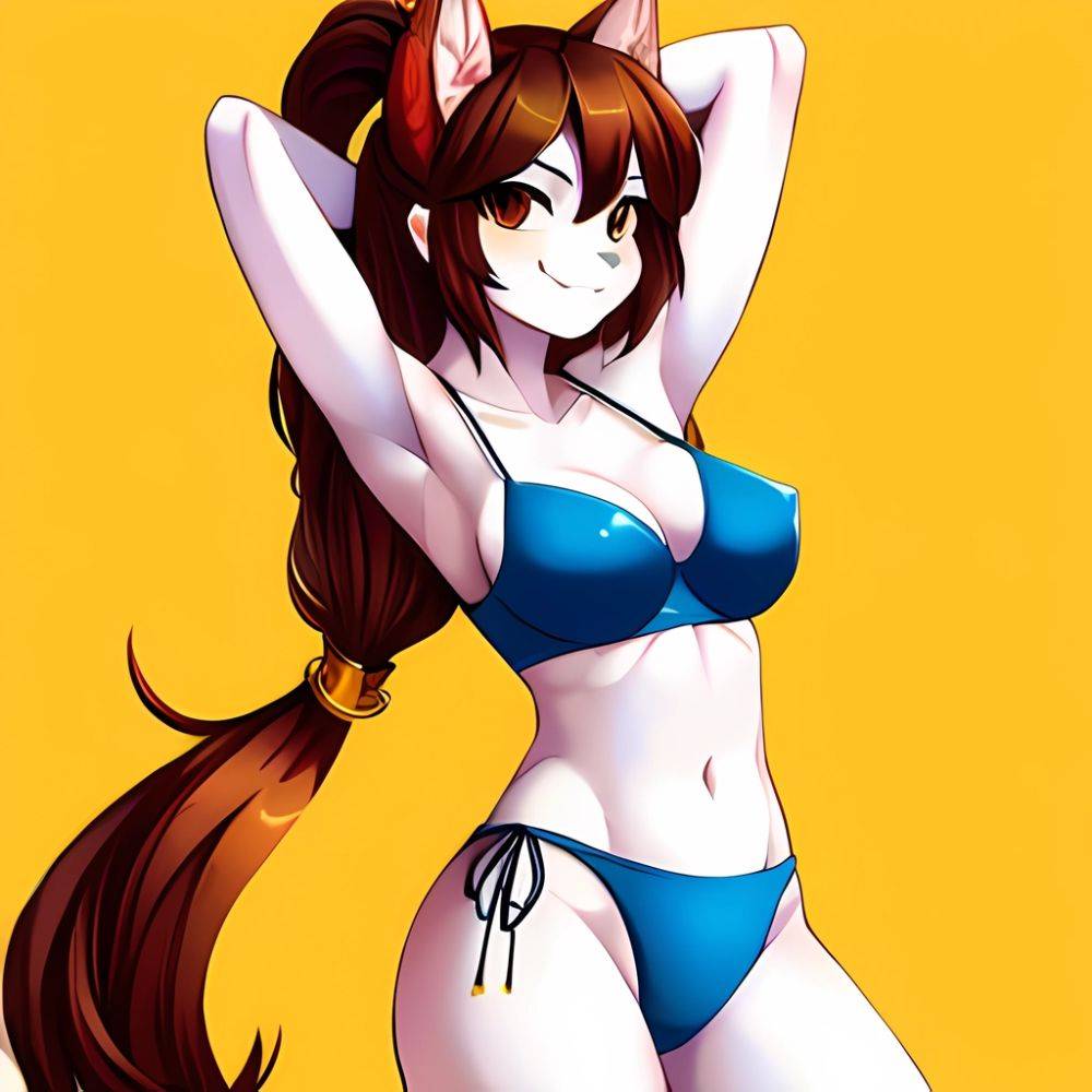 1girl Armpits Arms Behind Head Bikini Brown Eyes Brown Hair Cowboy Shot Dot Nose Flat Chest From Side Hair Ornament, 3659131466 - AI Hentai - #main