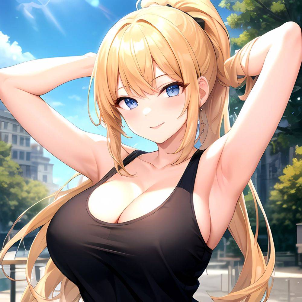 Beatrix Amerhauser 1girl Armpits Arms Behind Head Arms Up Artist Name Bare Shoulders Blonde Hair Breasts Cleavage Large Breasts, 1794949574 - AI Hentai - #main