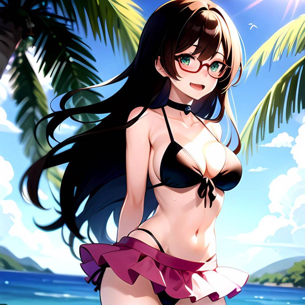 1girl D Bikini Bikini Bottom Aside Bikini Skirt Black Choker Blush Breasts Brown Hair Choker Cleavage Clothing Aside Front Tie, 1603066148 - AI Hentai - #main