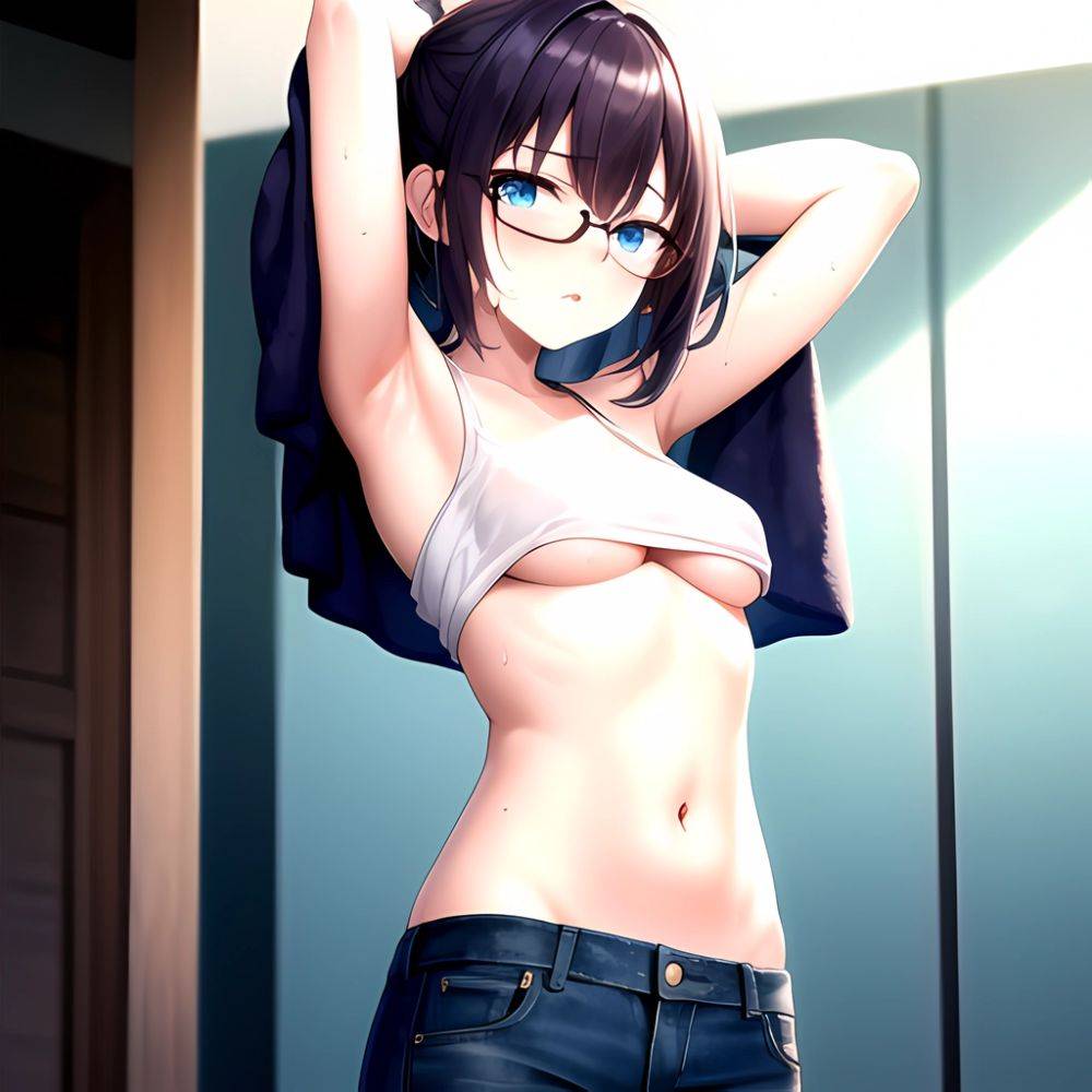 A Chan Hololive 1girl Armpits Arms Behind Head Black Framed Eyewear Blue Eyes Blue Pants Blue Ribbon Blurry Blurry Background, 2149477384 - AI Hentai - #main