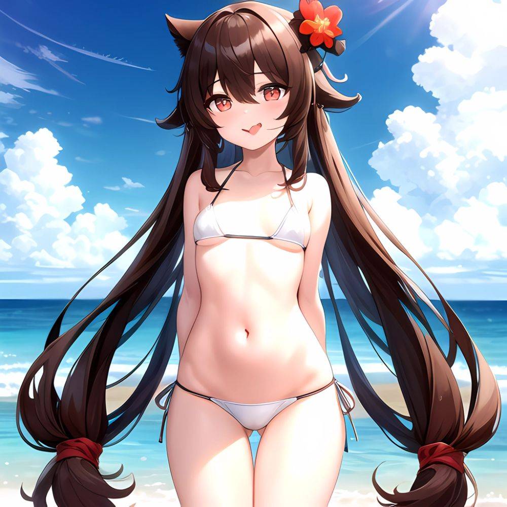 1girl Q Absurdres Arms Behind Back Bikini Blush Breasts Brown Hair Cameltoe Cleft Of Venus Covered Nipples Cowboy Shot Flower, 973359017 - AI Hentai - #main