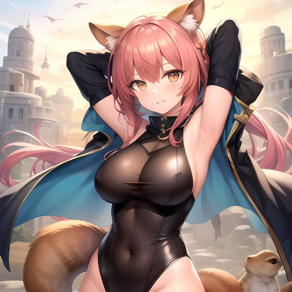 1girl Absurdres Animal Ear Fluff Animal Ears Arknights Arms Behind Head Chest Armor Covered Navel Gravel Arknights Highleg Highl, 2743193865 - AI Hentai - #main