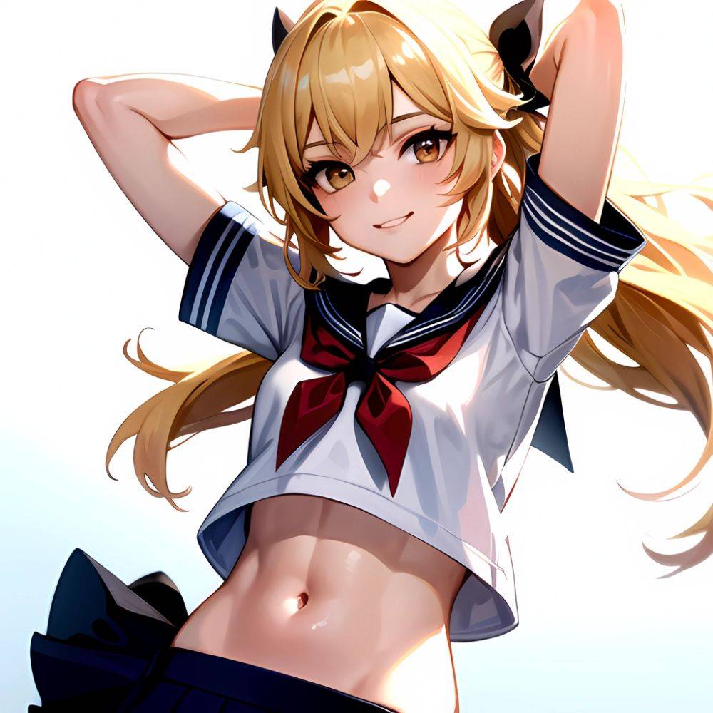 1girl Arms Up Arms Behind Head Blonde Hair Blue Skirt Bow Crop Top Crop Top Overhang Genshin Impact Gradient Background, 3751895695 - AI Hentai - #main