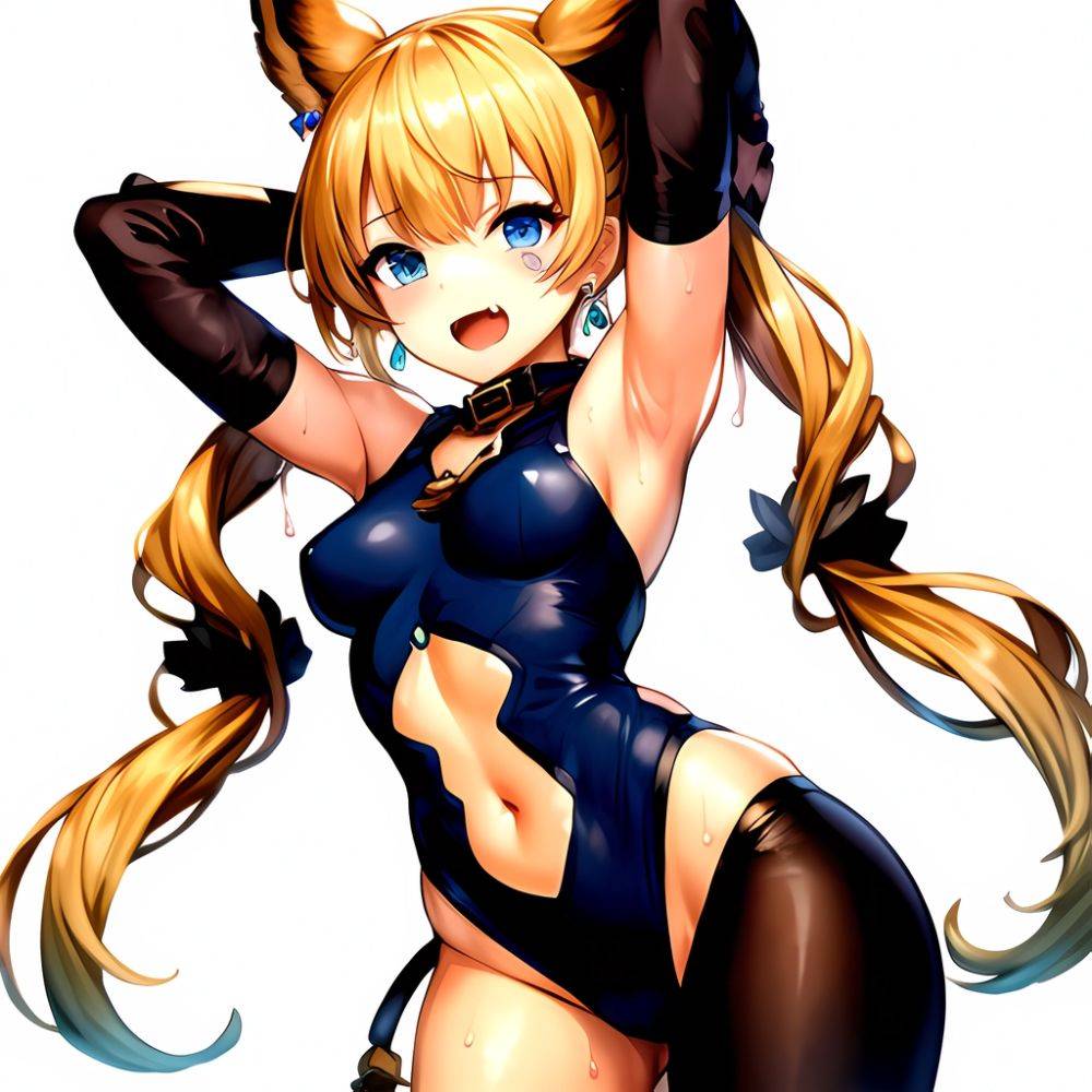 1girl Armpits Arms Behind Head Backlighting Bare Arms Bare Legs Blonde Hair Blue Eyes Blush Breasts Check Commentary Clothing Cu, 3700592875 - AI Hentai - #main