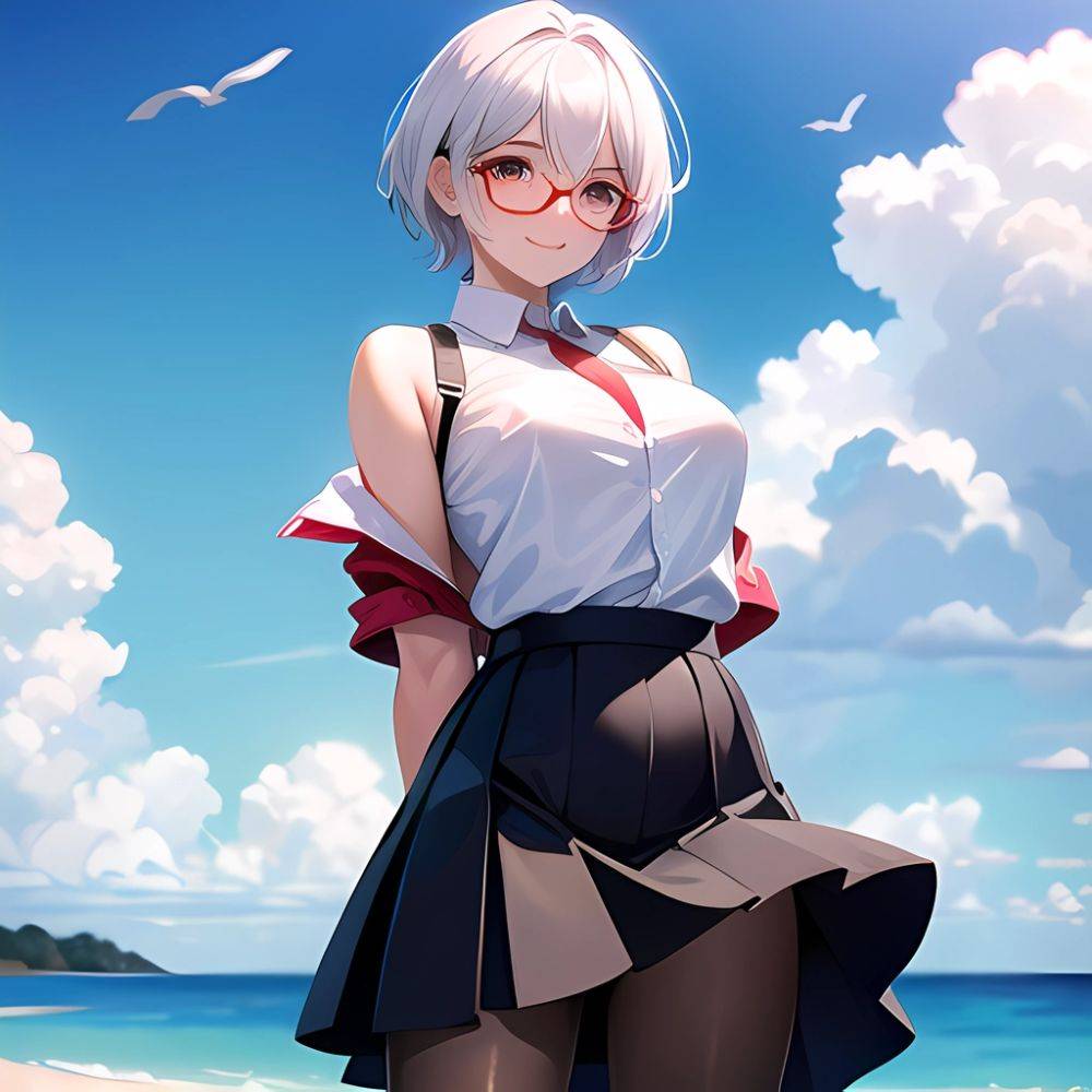 1girl Aircraft Bird Breasts Cloud Cloudy Sky Cowboy Shot Curtsey Dark Skinned Female Dark Skin Day Flashing Glasses Looking At, 1791084375 - AI Hentai - #main