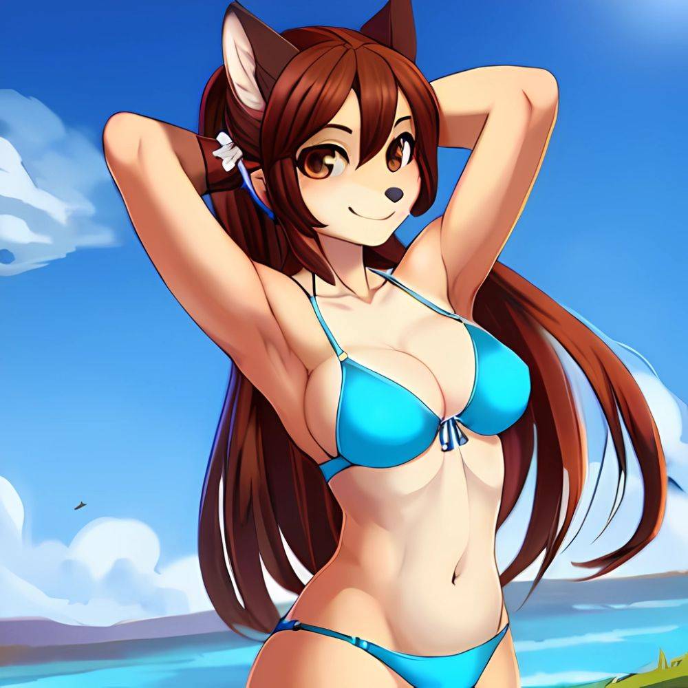 1girl Armpits Arms Behind Head Bikini Brown Eyes Brown Hair Cowboy Shot Dot Nose Flat Chest From Side Hair Ornament, 3463059450 - AI Hentai - #main