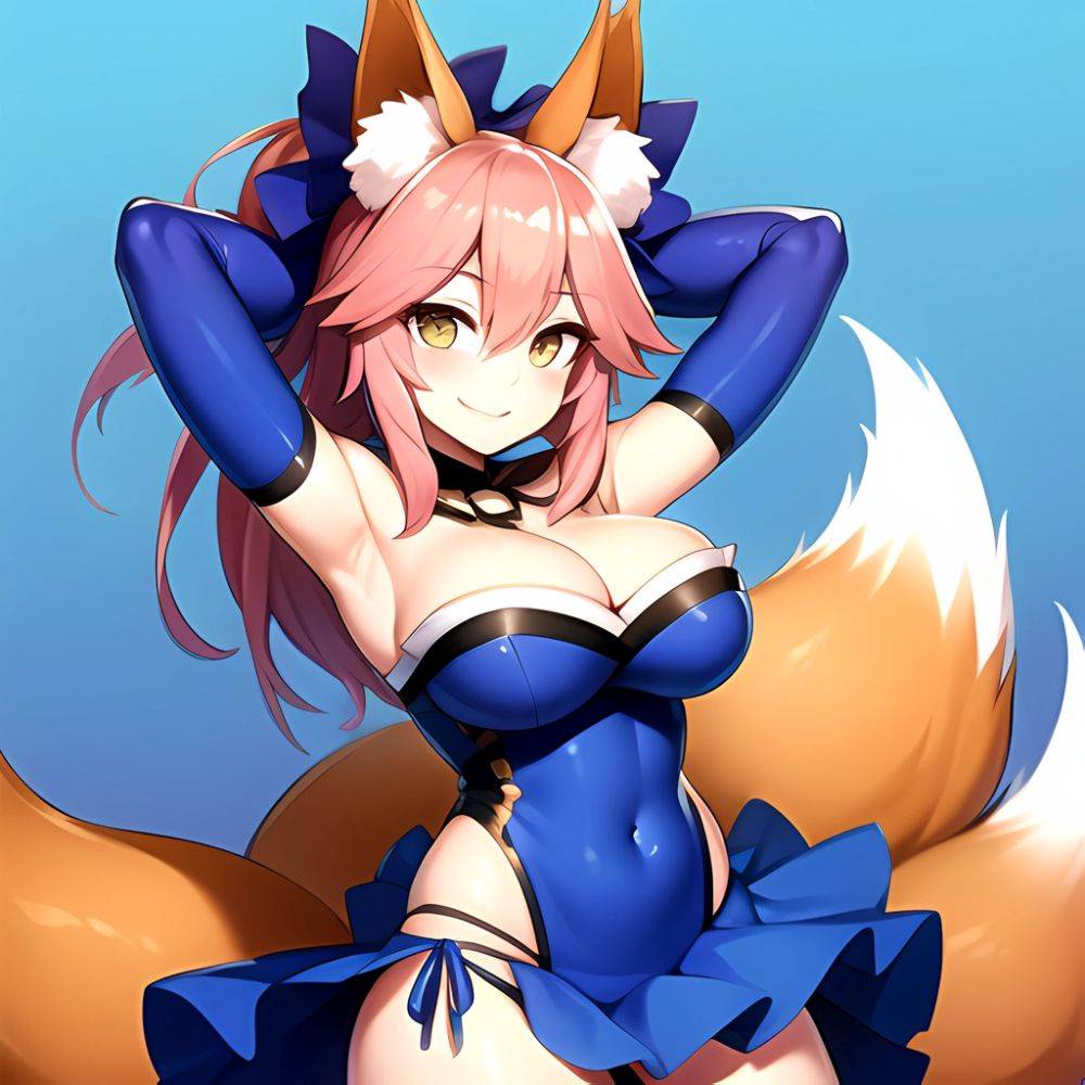 Tamamo Fate Tamamo No Mae Fate Extra 1girl Animal Ear Fluff Animal Ears Arms Up Bare Shoulders Blue Dress Blue, 1081492092 - AIHentai - #main