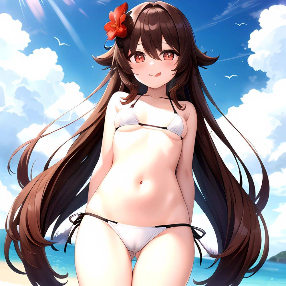 1girl Q Absurdres Arms Behind Back Bikini Blush Breasts Brown Hair Cameltoe Cleft Of Venus Covered Nipples Cowboy Shot Flower, 3490077156 - AI Hentai - #main