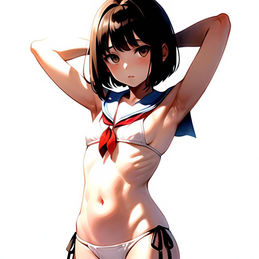 1girl Arms Up Arms Behind Head Bikini Bob Cut Brown Eyes Brown Hair Cosplay Cowboy Shot Flat Chest Headgear Inverted, 311387413 - AI Hentai - #main