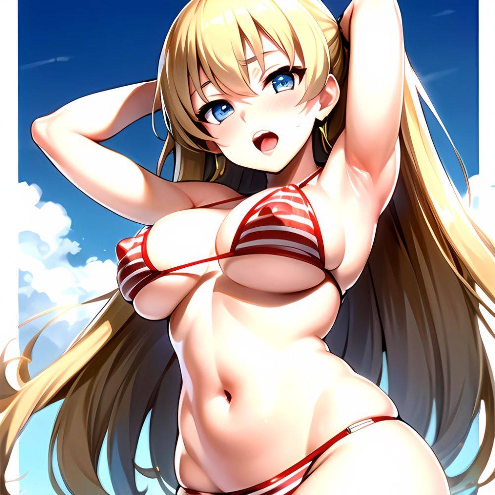 1girl American Flag Bikini Armpits Arms Behind Head Bikini Blonde Hair Blue Eyes Blush Breasts Covered Erect Nipples Flag Print, 3626145235 - AI Hentai - #main