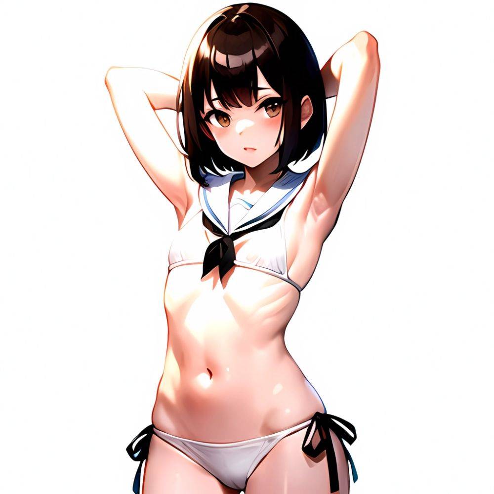 1girl Arms Up Arms Behind Head Bikini Bob Cut Brown Eyes Brown Hair Cosplay Cowboy Shot Flat Chest Headgear Inverted, 2614926353 - AI Hentai - #main