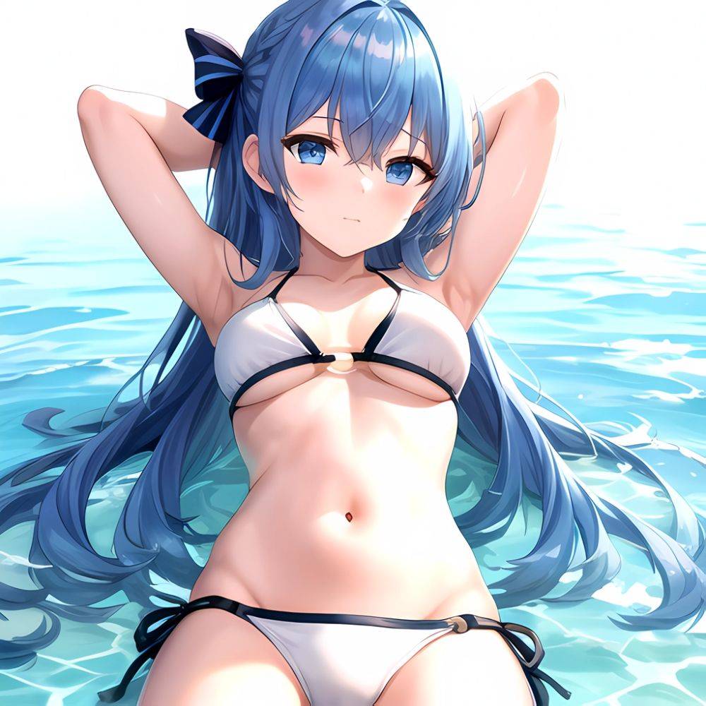 1girl Absurdres Arms Behind Head Bikini Blue Eyes Blue Hair Breasts Closed Mouth Hair Between Eyes Highres Hololive Hoshimachi S, 2626220280 - AI Hentai - #main