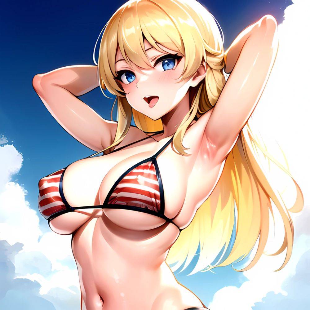 1girl American Flag Bikini Armpits Arms Behind Head Bikini Blonde Hair Blue Eyes Blush Breasts Covered Erect Nipples Flag Print, 2903000413 - AI Hentai - #main