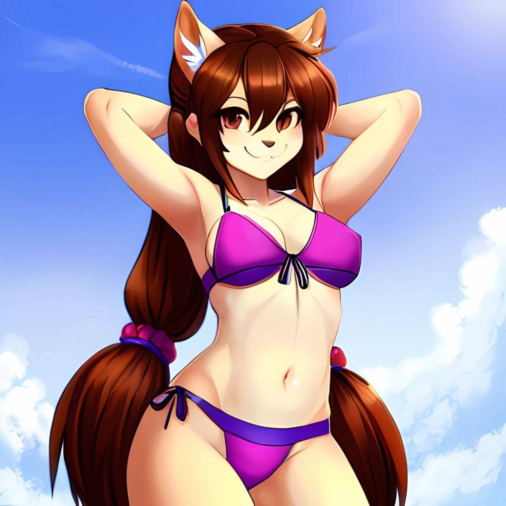 1girl Armpits Arms Behind Head Bikini Brown Eyes Brown Hair Cowboy Shot Dot Nose Flat Chest From Side Hair Ornament, 937153850 - AI Hentai - #main