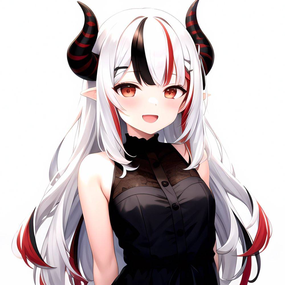 1girl Hololive Horns Long Hair Multicolored Hair Nakiri Ayame Open Mouth Smile Solo Streaked Hair Tonton Utaro White Hair Arms, 2727144906 - AI Hentai - #main