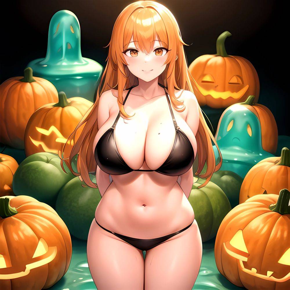 Orange Slime Messy Slime Big Boobs Pov Pumpkins Orange And Black Standing Up Facing The Viewer Arms Behind Back, 3682467157 - AI Hentai - #main