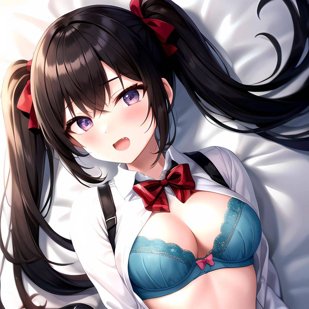 1girl Black Eyes Black Hair Blush Bow Bowtie Bra Breasts Center Opening Cleavage Collared Shirt Fang Grey Bra Hair Intakes, 3069617420 - AI Hentai - #main