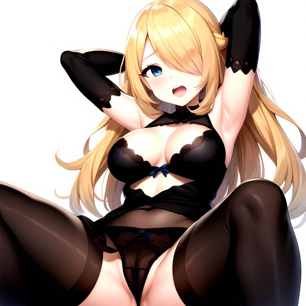 1boy 1girl Armpits Arms Behind Head Arms Up Black Bra Black Panties Blonde Hair Blue Eyes Blush Bra Breasts Clitoris, 1091342643 - AI Hentai - #main