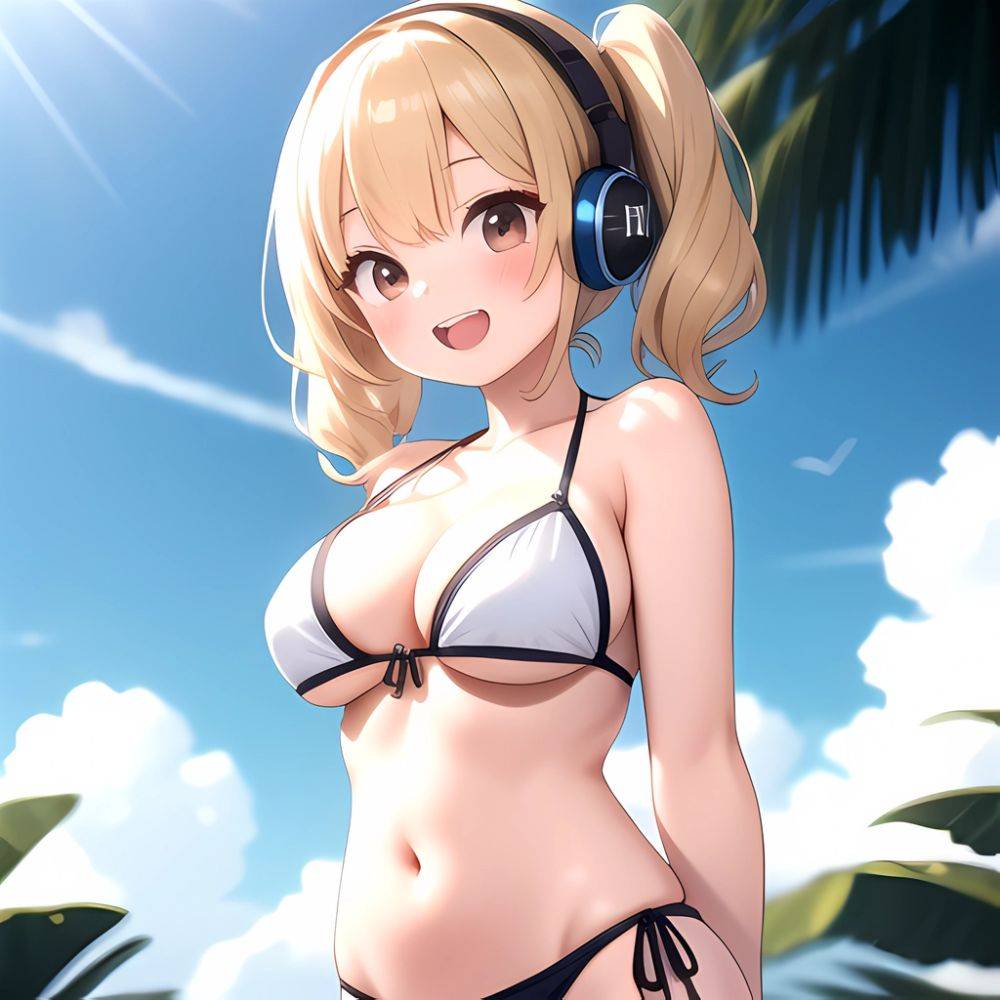 Super Pochaco 1girl Arms Behind Back Bare Shoulders Bikini Blonde Hair Blush Breasts Brown Eyes Cleavage Cowboy Shot Dark Skinne, 2537956416 - AI Hentai - #main