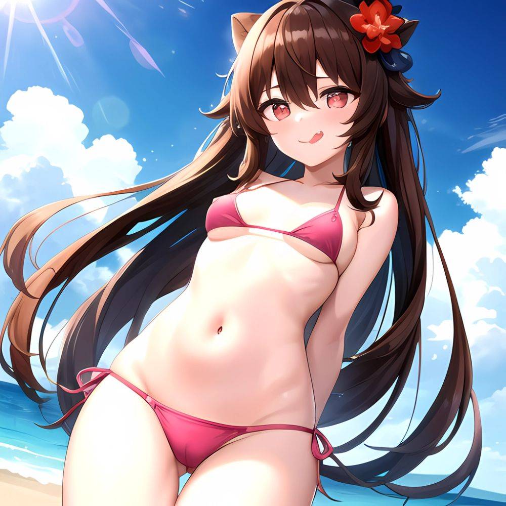 1girl Q Absurdres Arms Behind Back Bikini Blush Breasts Brown Hair Cameltoe Cleft Of Venus Covered Nipples Cowboy Shot Flower, 920326104 - AI Hentai - #main