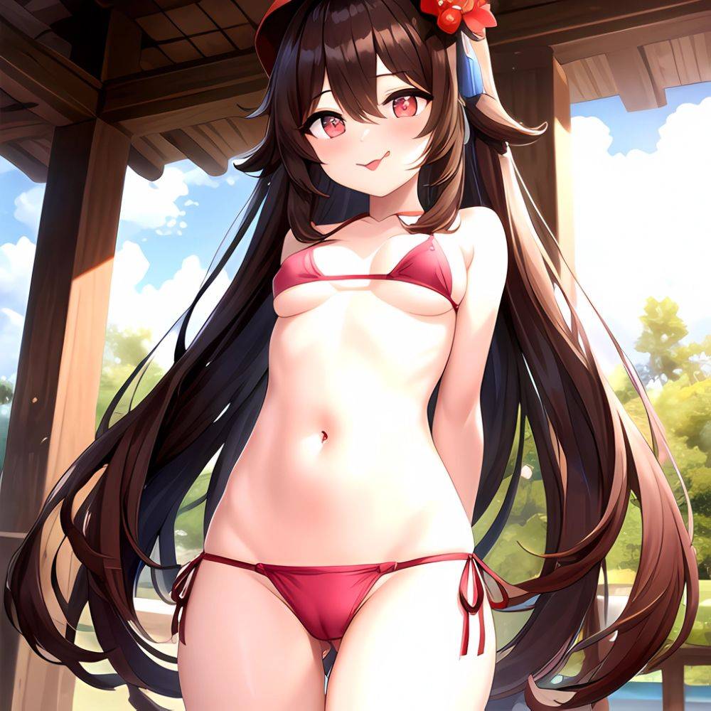 1girl Q Absurdres Arms Behind Back Bikini Blush Breasts Brown Hair Cameltoe Cleft Of Venus Covered Nipples Cowboy Shot Flower, 2296336461 - AI Hentai - #main