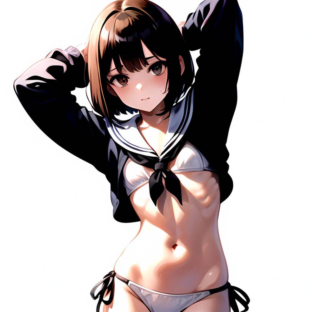 1girl Arms Up Arms Behind Head Bikini Bob Cut Brown Eyes Brown Hair Cosplay Cowboy Shot Flat Chest Headgear Inverted, 917531289 - AI Hentai - #main