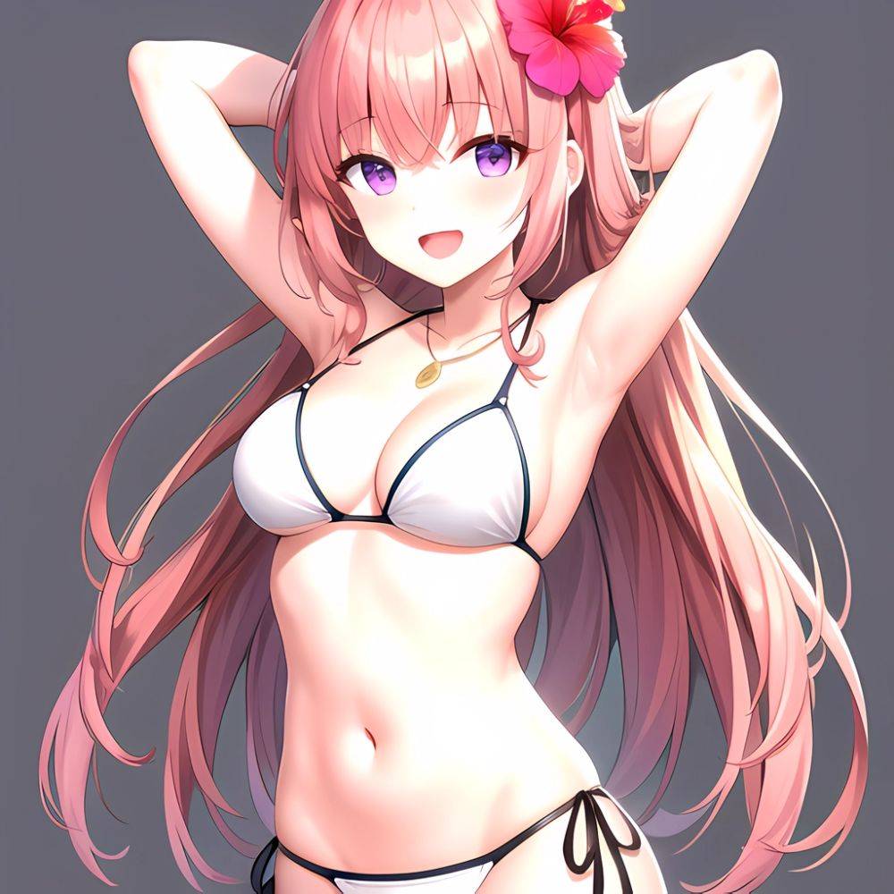 Yayoi Sakura 1girl Armpits Arms Behind Head Bikini Bracelet Breasts Cleavage Flower Hair Flower Hair Ornament Hibiscus Long Hair, 1396717416 - AI Hentai - #main