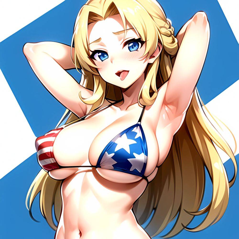 1girl American Flag Bikini Armpits Arms Behind Head Bikini Blonde Hair Blue Eyes Blush Breasts Covered Erect Nipples Flag Print, 2194448547 - AI Hentai - #main