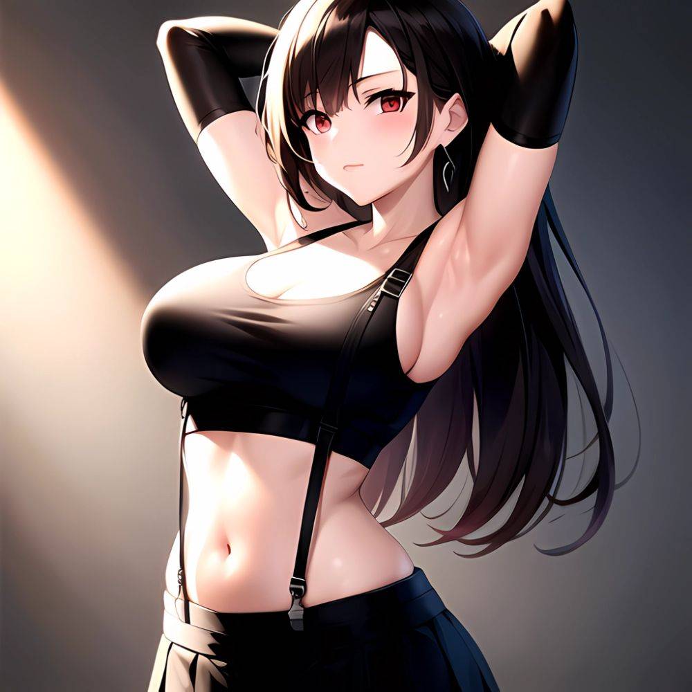 1girl Armpits Arms Behind Head Arms Up Bare Shoulders Black Gloves Black Hair Black Skirt Breasts Closed Mouth Crop Top, 664760999 - AI Hentai - #main