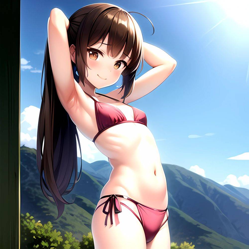 1girl Armpits Arms Behind Head Bikini Brown Eyes Brown Hair Cowboy Shot Dot Nose Flat Chest From Side Hair Ornament, 1969695802 - AI Hentai - #main