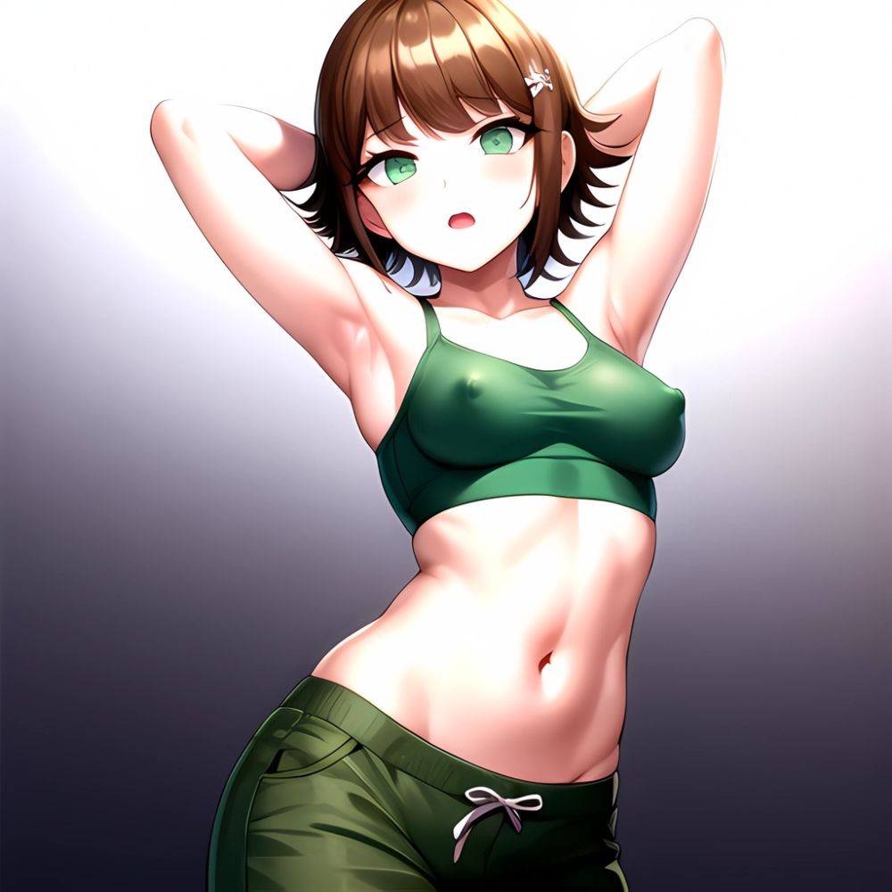 1boy Armpits Arms Behind Head Blush Breasts Brown Hair Bulge Collarbone Contrapposto Covered Nipples Crop Top Danganronpa Trigge, 2319610495 - AI Hentai - #main