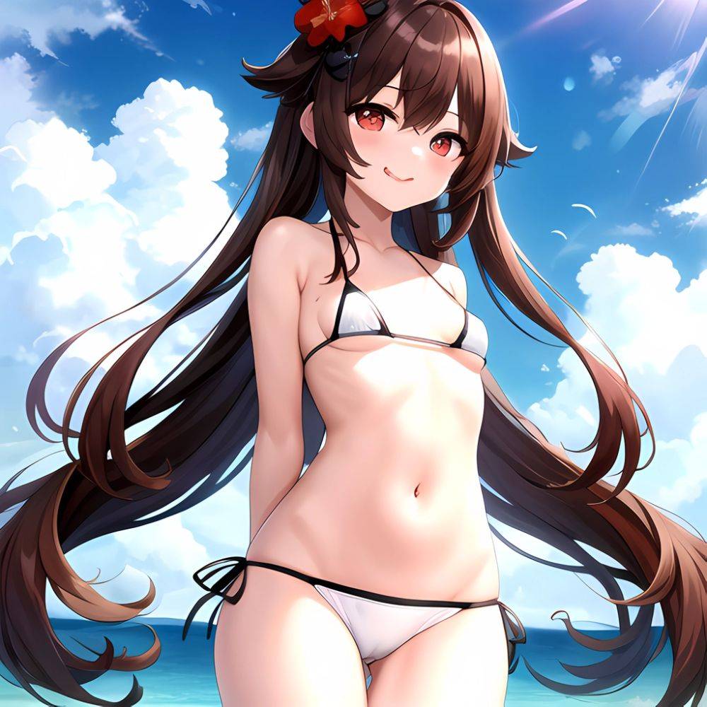 1girl Q Absurdres Arms Behind Back Bikini Blush Breasts Brown Hair Cameltoe Cleft Of Venus Covered Nipples Cowboy Shot Flower, 33655067 - AI Hentai - #main